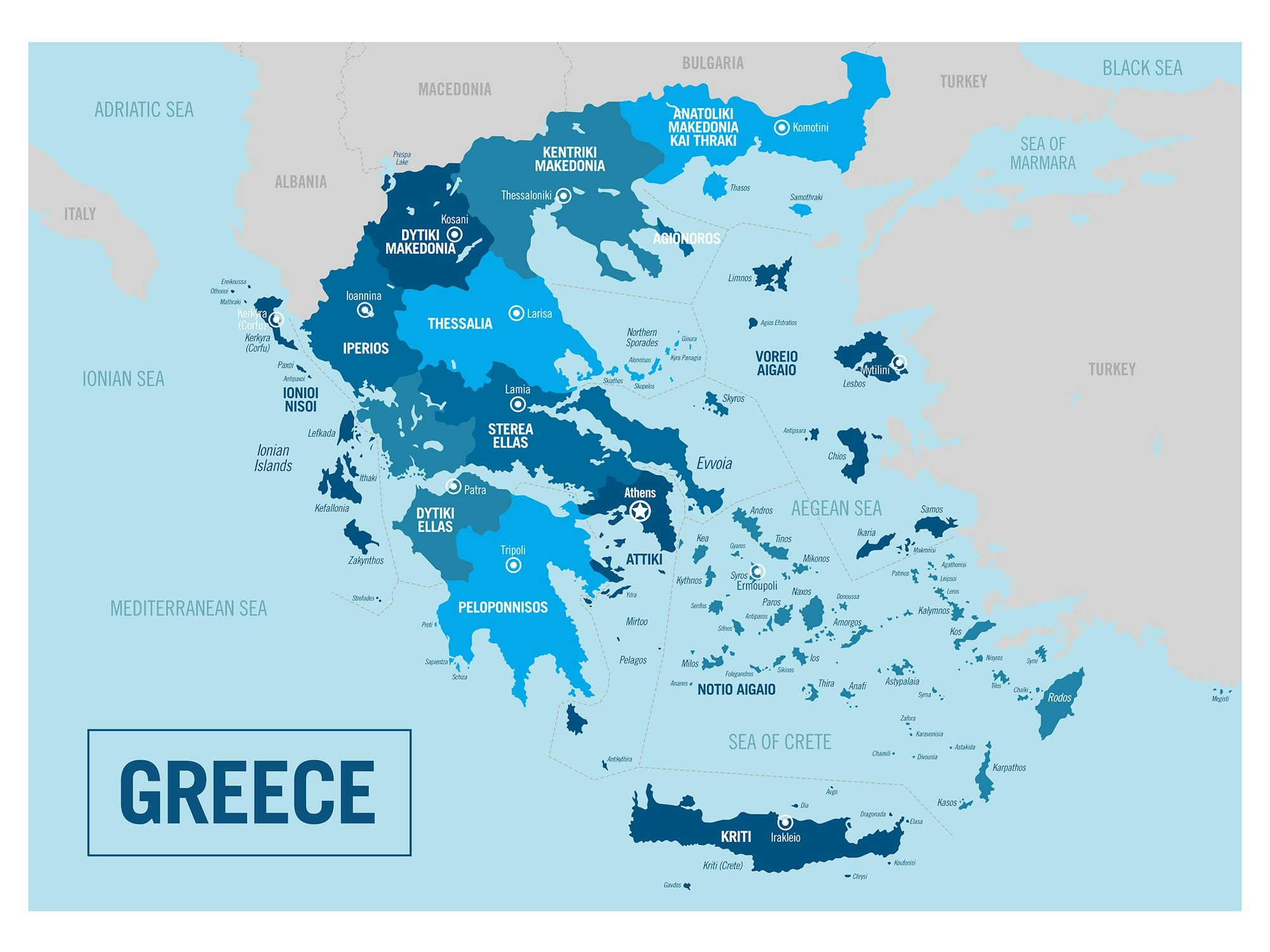 Die griechischen Inseln im Überblick auf einer Karte.