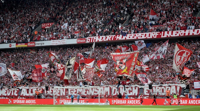 Die Fans des 1. FC Köln freuen sich auf die Saison im Europapokal. Das Foto zeigt die Südtribüne beim Spiel gegen Mainz 05 am 20. Mai 2017.