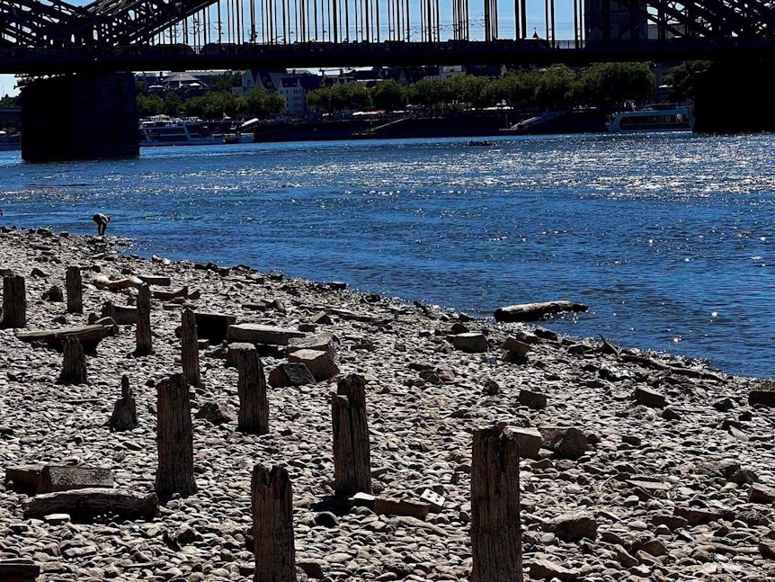 Überreste der Patton-Brücke am Kölner Rheinufer.