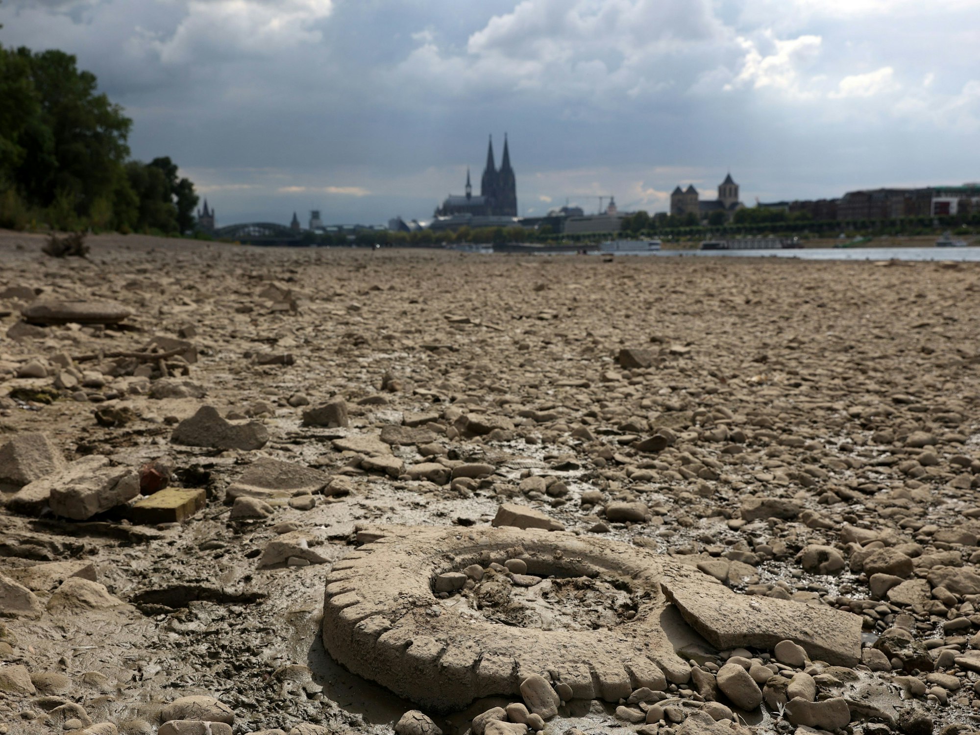 Ein Reifen taucht am 15. August aufgrund des Niedrigwassers am Rheinufer auf.