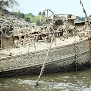 Ein altes Schiffswrack ist wegen des niedrigen Rheinpegels komplett zu sehen.