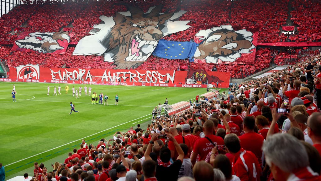 Die Fans des 1. FC Köln sind vor dem Playoff-Hinspiel gegen Fehérvár bereit für Europa, wie die große Choreographie im Rhein-Energie-Stadion zeigt.