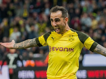 Borussia Dortmunds Paco Alcacer bejubelt seinen Treffer.