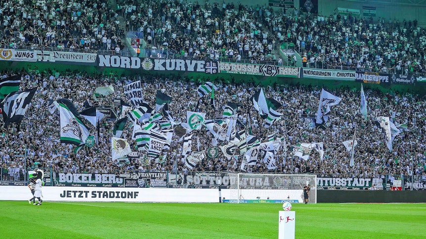 Tausende Gladbach-Fans haben die Borussia im Bundesliga-Duell gegen Hertha BSC (19. August 2022) lautstark unterstützt und zum Heimsieg gepusht. Auf diesen Bild ist die Nordkurve zu sehen.