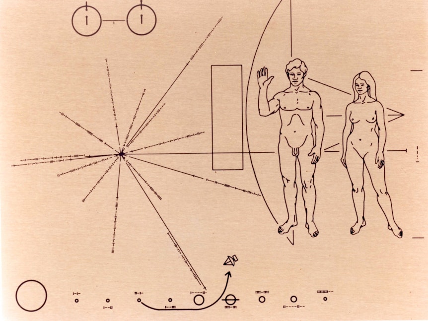 Raumsonden Pioneer 10 und 11 hatten eine Plakette mit nackten Menschen an Bord (undatiertes, von der NASA herausgegebenes) Foto.