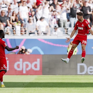 Jan Thielmanns Jubelsprung in Frankfurt (am 21. August 2022) konnte sich genauso sehen lassen wie sein Traumtor zum 1:1-Ausgleich für den 1. FC Köln.