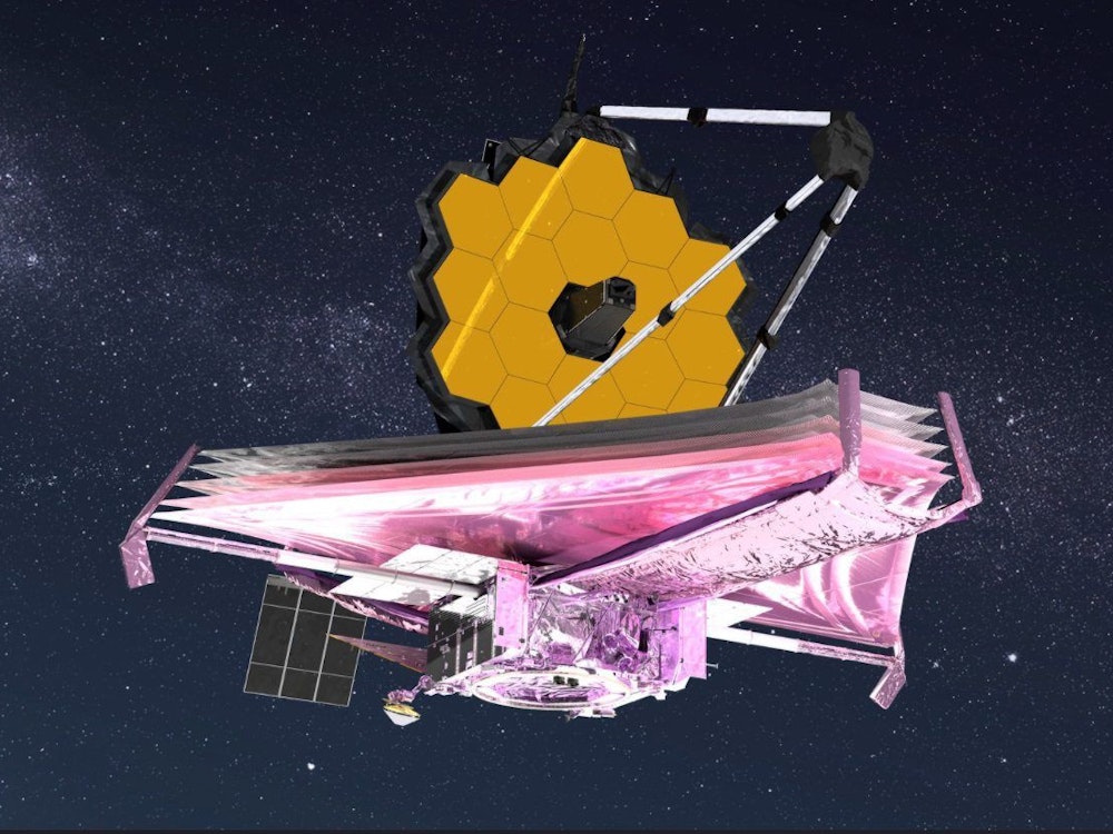 Die künstlerische Darstellung des James-Webb-Weltraumteleskops im All zeigt alle Hauptelemente vollständig entfaltet. Deutlich zu sehen ist der gelbe Primärspiegel aus 18 hexagonalen Segmenten – Beryllium-Spiegeln-Segmenten, die mit einer dünnen Goldfolie überzogen sind.