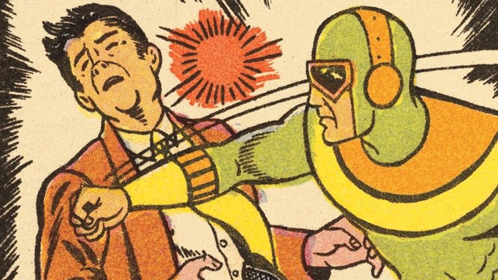 Ein Superheld schlägt einen anderen Mann auf einem undatierten Comic-Symbolfoto zum Thema Schlagfertigkeit