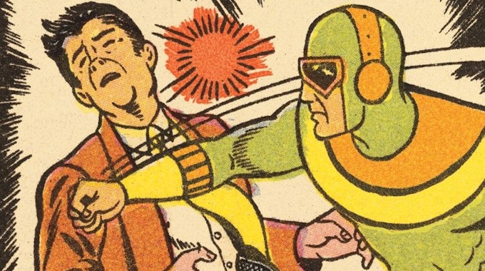 Ein Superheld schlägt einen anderen Mann auf einem undatierten Comic-Symbolfoto zum Thema Schlagfertigkeit
