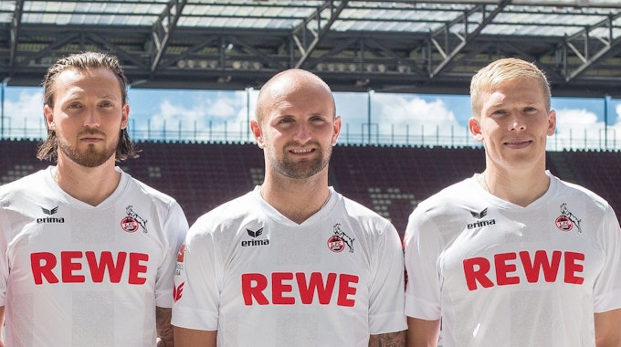 Marco Höger, Konstantin Rausch und Artjoms Rudnevs werden am 18. Juli 2016 beim 1. FC Köln als Neuzugänge präsentiert.