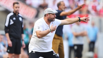 Steffen Baumgart gibt Anweisungen am Spielfeldrand beim 1. FC Köln