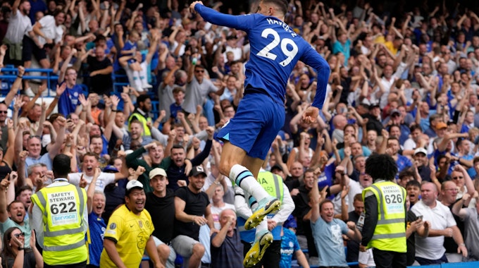 Chelseas Kai Havertz bejubelt das 2:1 in der Premier League des FC Chelsea über West Ham United.