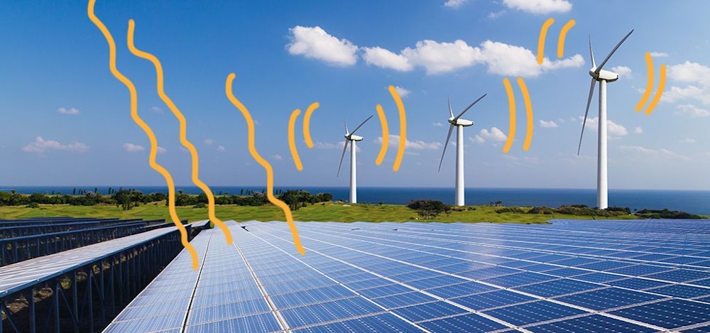 Windräder, die auf einer schönen Landschaft stehen. Zudem sind Solarplatten zu sehen. Beides wird mit gelben Linien als Impuls für den Energiegewinn gekennzeichnet.