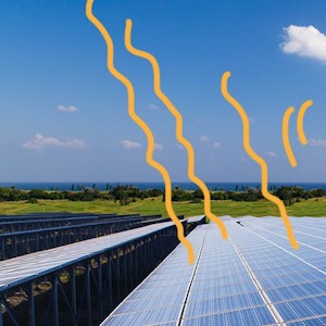 Windräder, die auf einer schönen Landschaft stehen. Zudem sind Solarplatten zu sehen. Beides wird mit gelben Linien als Impuls für den Energiegewinn gekennzeichnet.