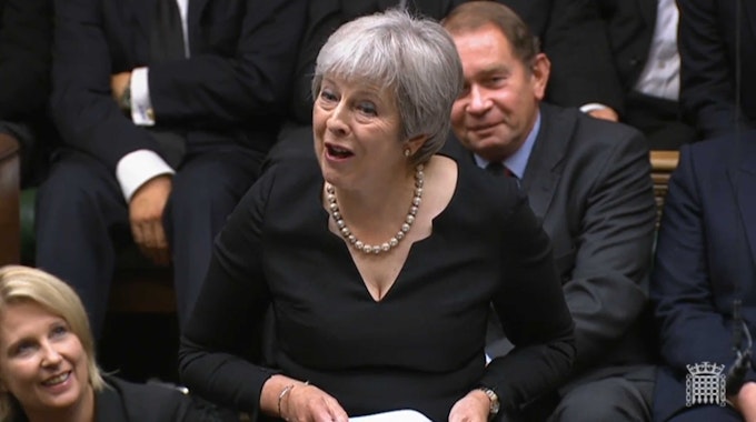 Theresa May, ehemalige Premierministerin von Großbritannien, liest am Freitag (9. September) eine Würdigung im Unterhaus nach dem Tod von Königin Elisabeth II.