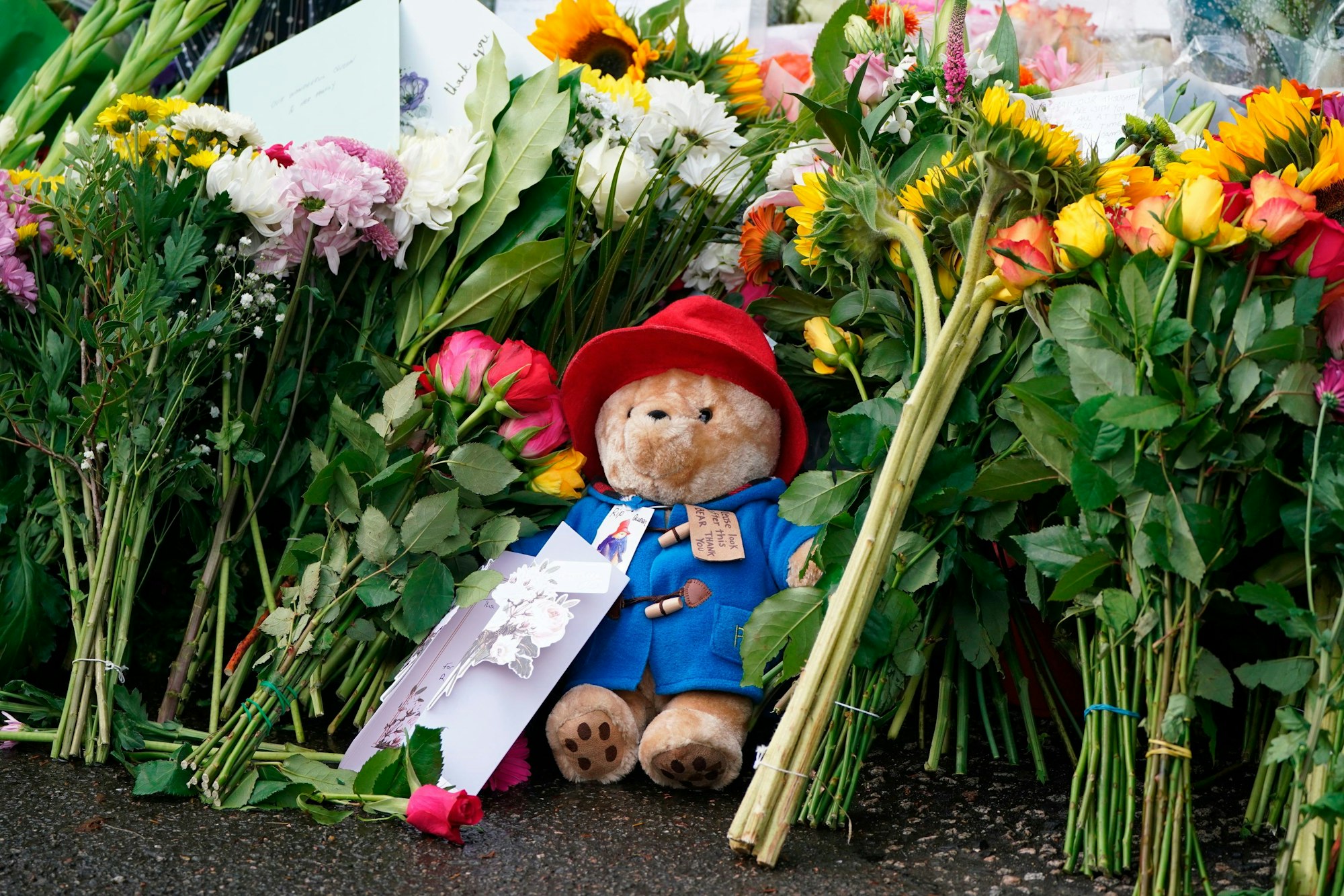 Floral tributes and a Paddington bear teddy are laid at the gates of Balmoral in Scotland, Friday, Sept. 9, 2022, following the death of Queen Elizabeth II on Thursday. (Andrew Milligan/PA via AP)