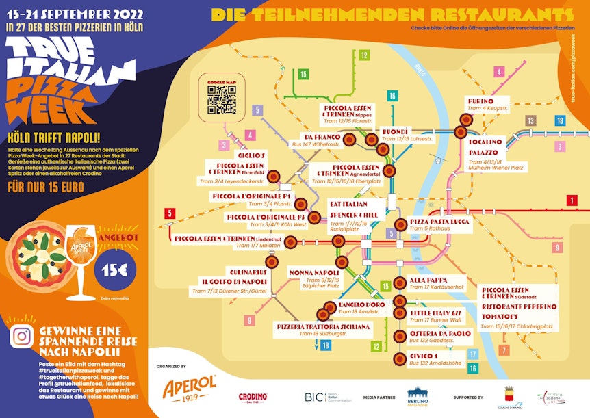 Auf dieser Karte sind die 27 Kölner Pizzerien zu sehen, die an der True Italian Pizza Week teilnehmen.