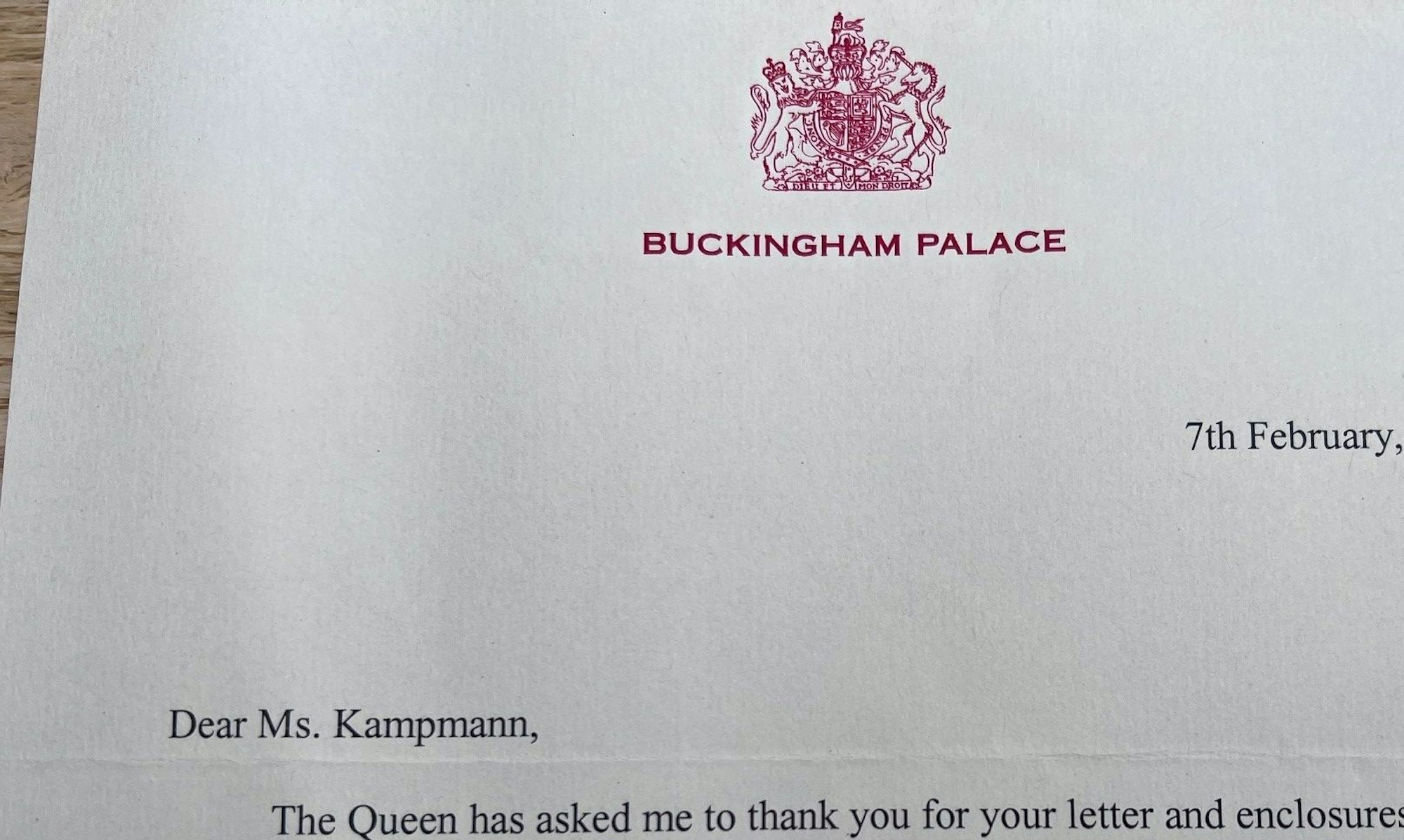 Brief der Queen Elizabeth an Monika Kampmann
