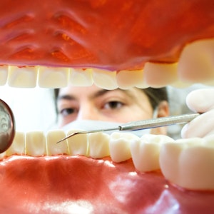 Das Symbolfoto zeigt eine Zahnarzthelferin am 31. März 2014 in einer Zahnarztpraxis in Hannover (Niedersachsen) hinter einem künstlichen, überdimensionierten Gebiss.
