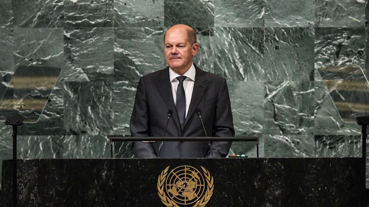Der deutsche Bundeskanzler Olaf Scholz bei seiner Rede vor den Vereinten Nationen am 20. September 2022 in New York.