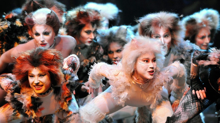 Darsteller und Darstellerinnen in Katzenkostümen stehen in einer Gruppe auf der Bühne.