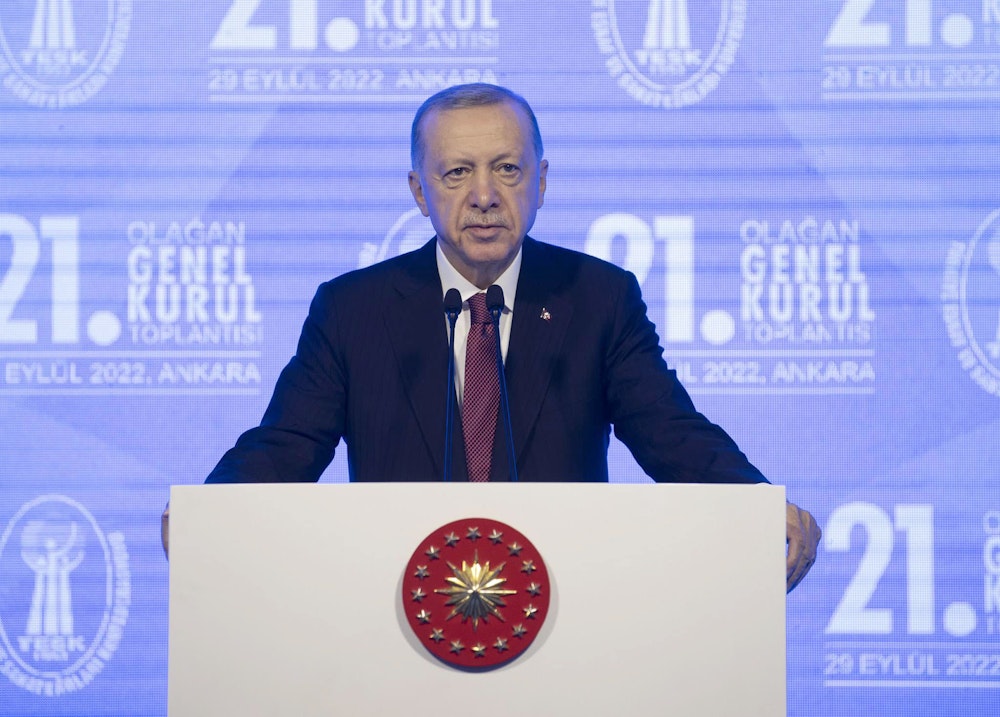 Recep Tayyip Erdogan, Präsident der Türkei, spricht während der 21. Ordentlichen Generalversammlung der Union der türkischen Händler und Handwerker.