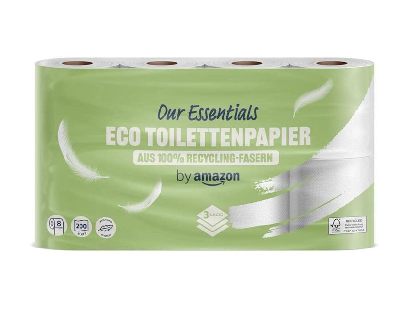 Acht Rollen recyceltes Amazon Toilettenpapier. Bild für Amazon Toilettenpapier Artikel.