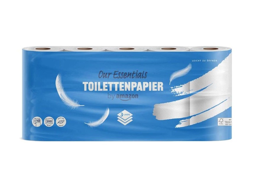 Zehn Rollen Amazon Toilettenpapier. Bild für Amazon Toilettenpapier Artikel.
