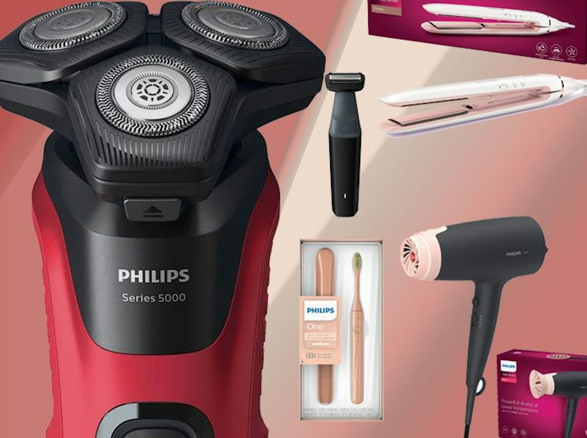 Auf dem Bild ist eine kleine Auswahl an Philips Produkten zu sehen. Da drunter sind eine elektrische Zahnbürste, ein Föhn, ein Glätteisen und Rasierer für Männer.