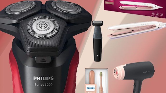 Auf dem Bild ist eine kleine Auswahl an Philips Produkten zu sehen. Da drunter sind eine elektrische Zahnbürste, ein Föhn, ein Glätteisen und Rasierer für Männer.