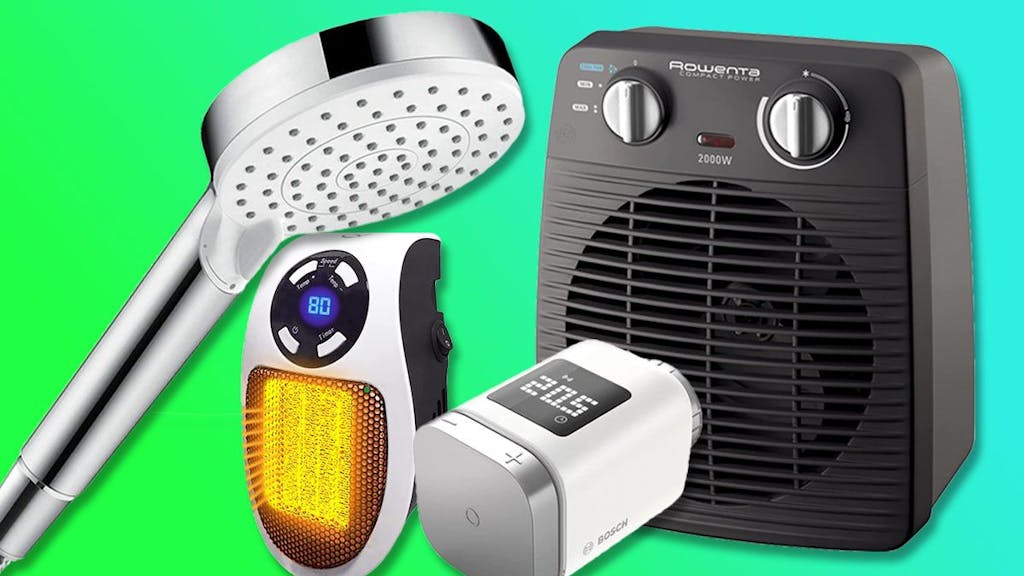 Spar-Duschkopf von hansgrohe, Heizlüfter, smarter Thermostat. Bild zu Artikel energiesparende Produkte.