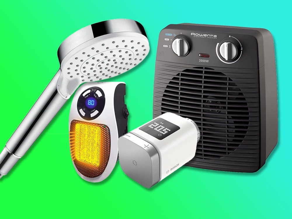 Spar-Duschkopf von hansgrohe, Heizlüfter, smarter Thermostat. Bild zu Artikel energiesparende Produkte.