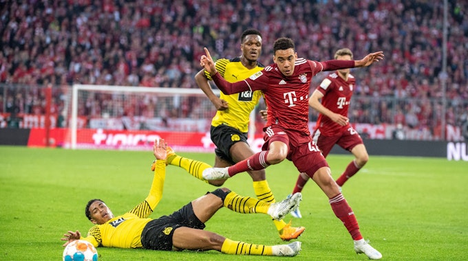Dan-Axel Zagadou von Borussia Dortmund (M), Jamal Musiala vom FC Bayern München (r.) und Jude Bellingham von Borussia Dortmund (unten) im Kampf um den Ball im Duell Bayern gegen den BVB.