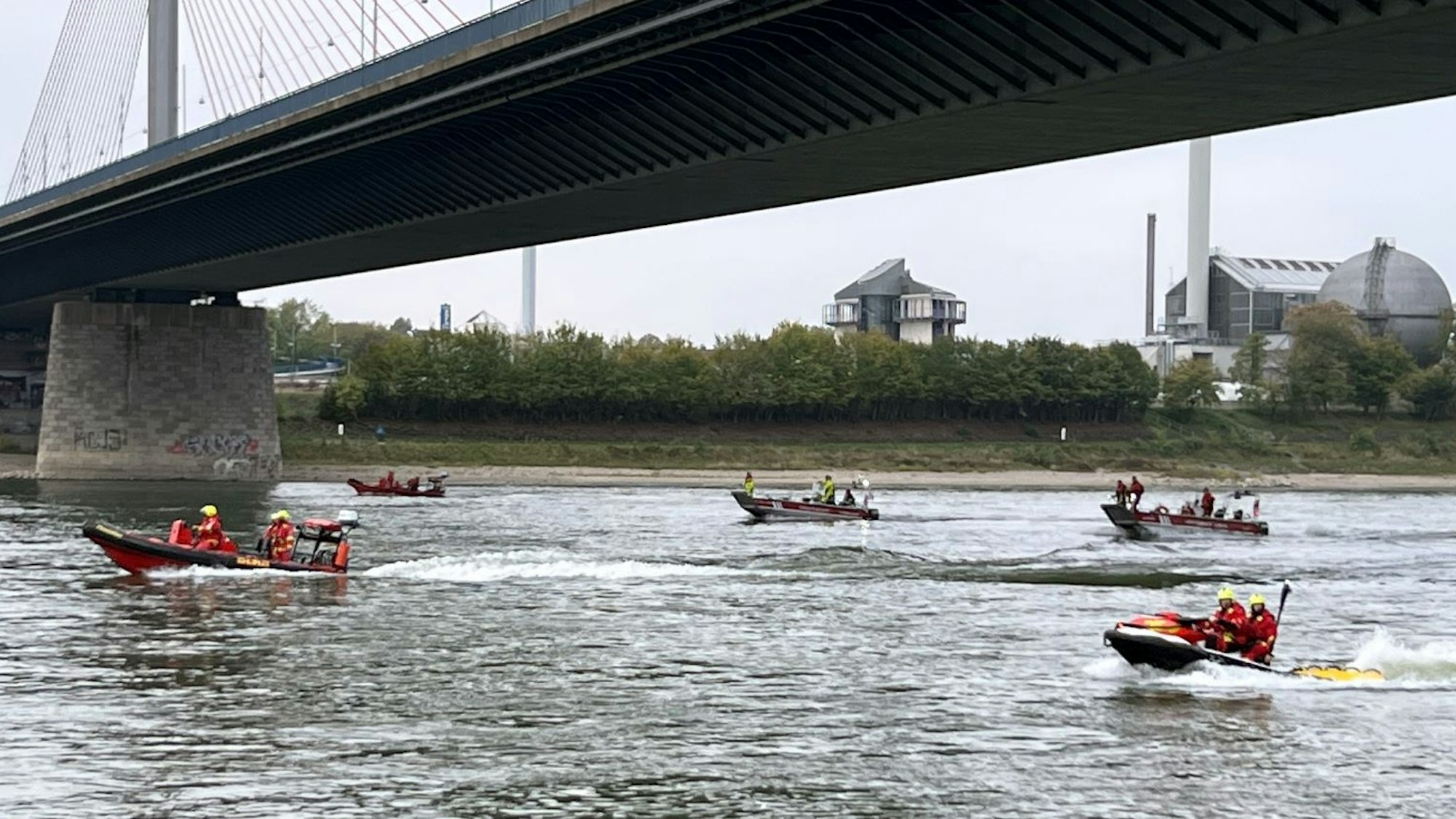 Mehrere Boote fahren über den Rhein.