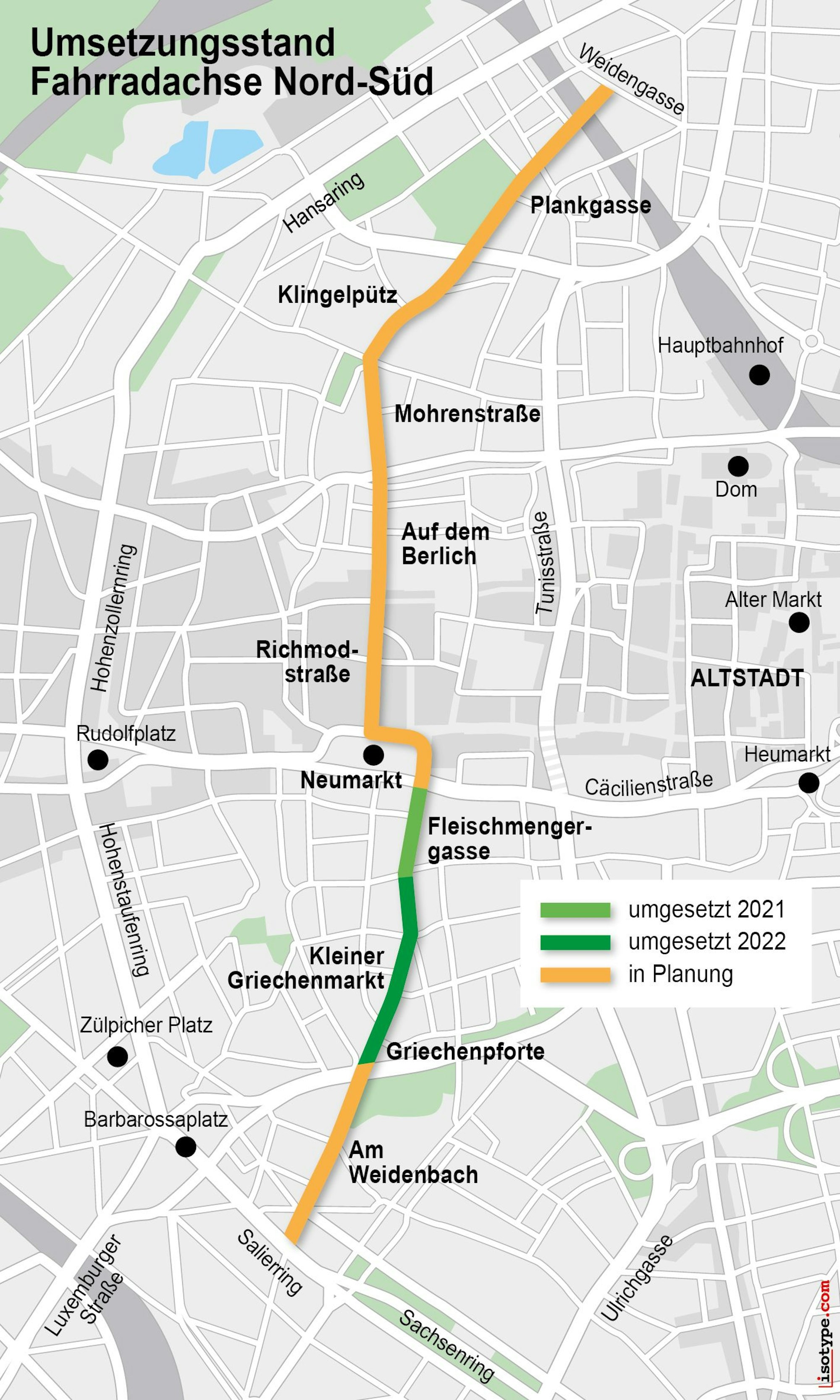 Die Grafik zeigt den Verlauf einer neuen Fahradstraße an der Griechenpforte in Köln.