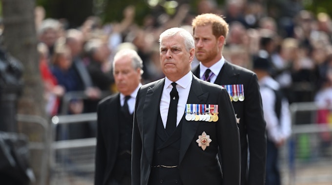 Prinz Andrew marschiert in Uniform beim Trauerzug für Königin Elizabeth II. durch London.