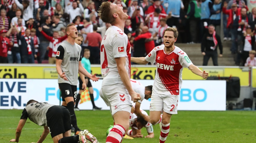Steffen Tigges brüllte seine Freude über den 3:2-Siegtreffer des 1. FC Köln gegen den FC Augsburg (am Sonntag, 16. Oktober 2022) gen Himmel.