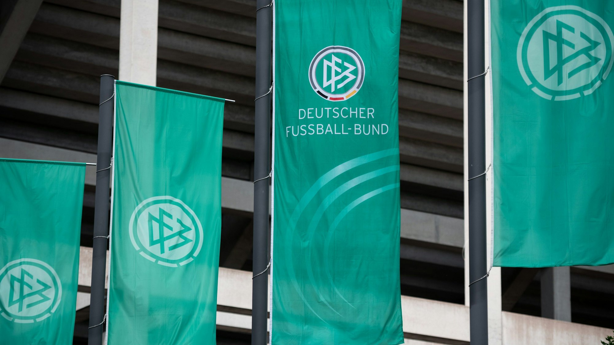Fahnen mit dem Logo des Deutschen Fußball-Bundes (DFB) wehen im Wind.
