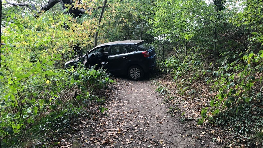 Ein Auto steht tief in einem Wald zwischen den Bäumen und kommt nicht mehr vorwärts.
