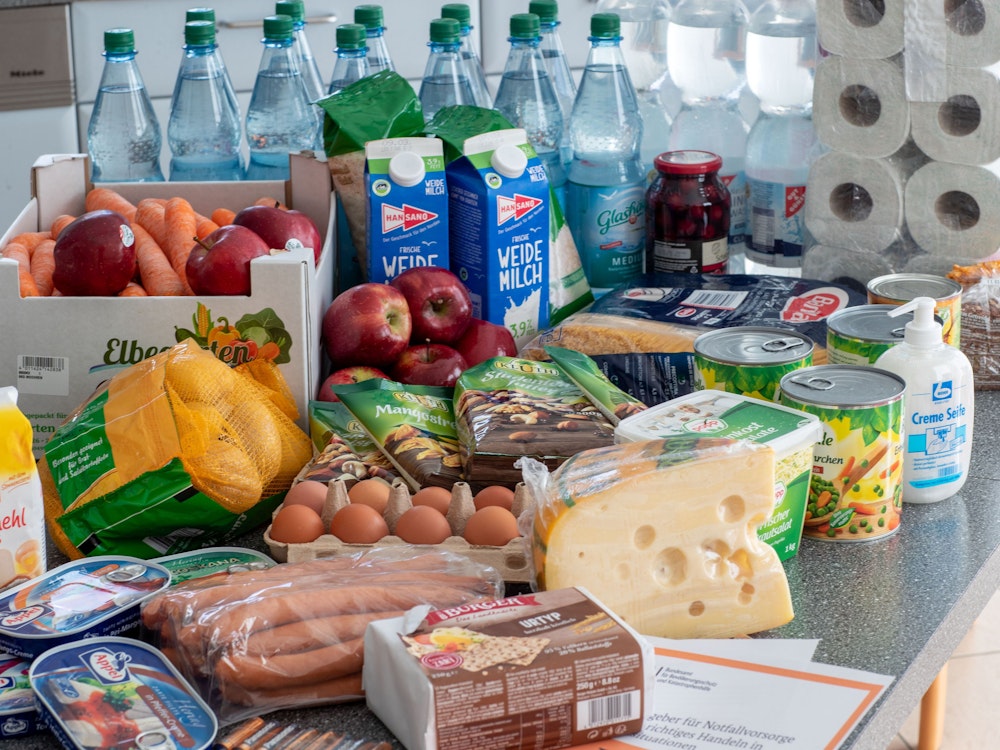 Lebensmittel und Produkte des täglichen Bedarf liegen auf einem Küchentisch (undatiertes Symbolfoto).