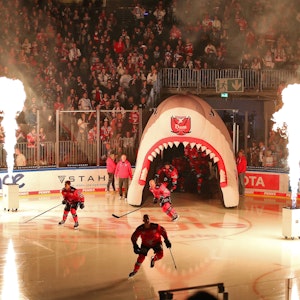 Die Spieler der Kölner Haie betreten das Eis durch eine Feuershow.