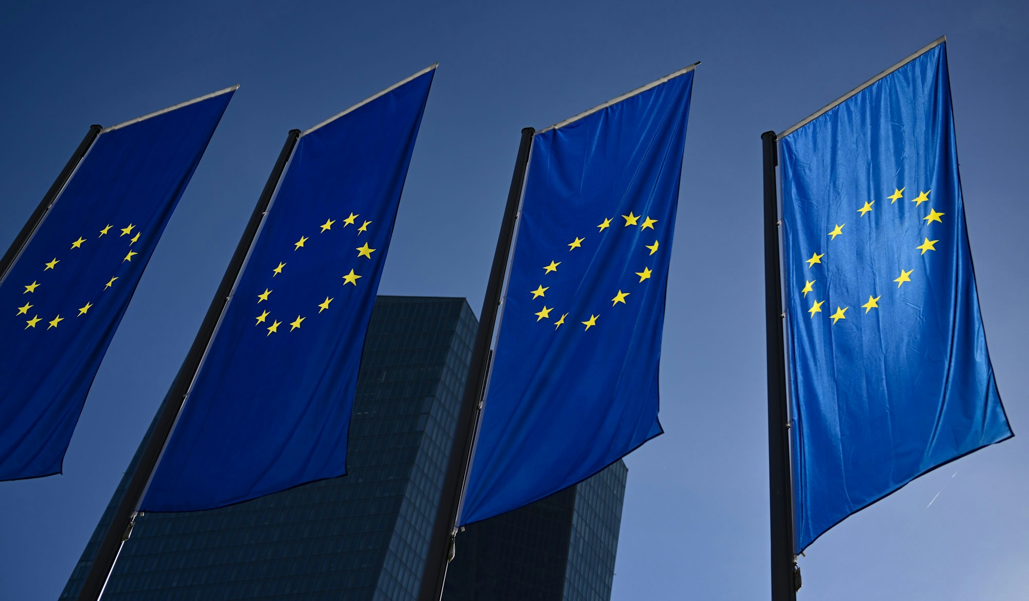 EU-Fahnen hängen vor der Zentrale der Europäischen Zentralbank (EZB) in Frankfurt am Main an Masten.