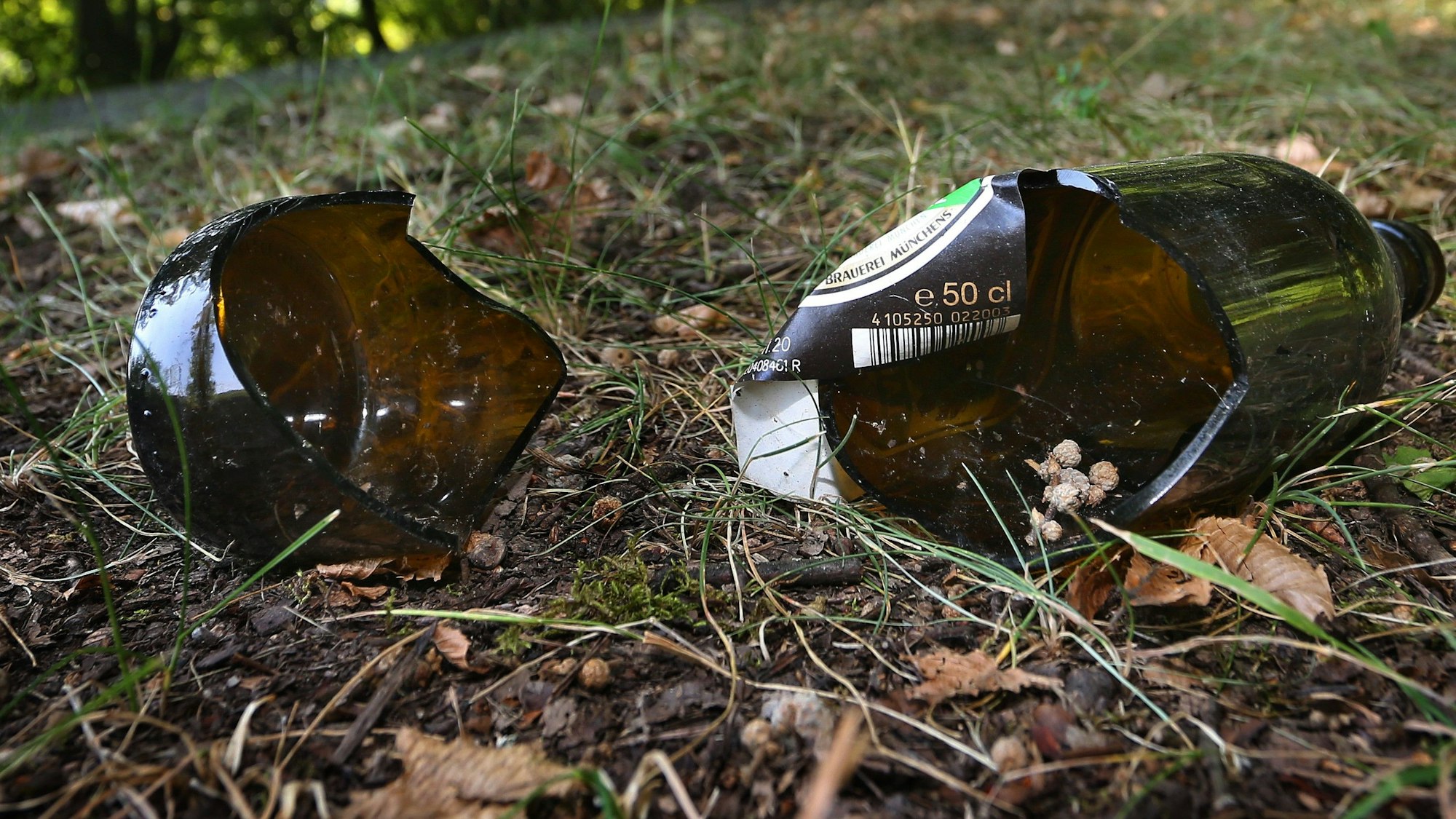 Eine zerbrochene Bierflasche liegt auf dem Boden.