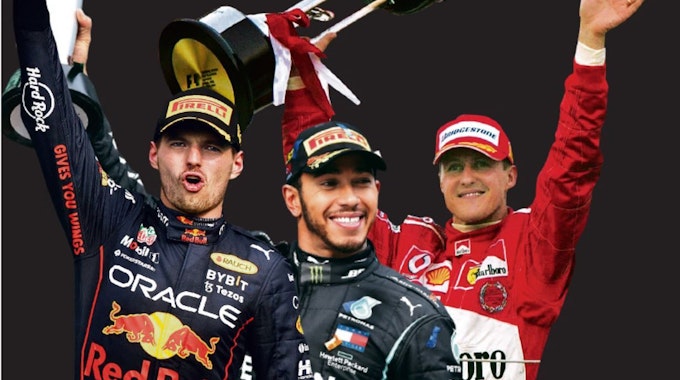Drei Rekordfahrer der Formel 1: Max Verstappen feierte in Mexiko seinen 14. Saisonsieg, Lewis Hamilton 2020 in Istanbul seinen siebten WM-Titel und Michael Schumacher 2004 in Suzuka seinen siebten Titel und 13. Saisonsieg. Fotos: imago