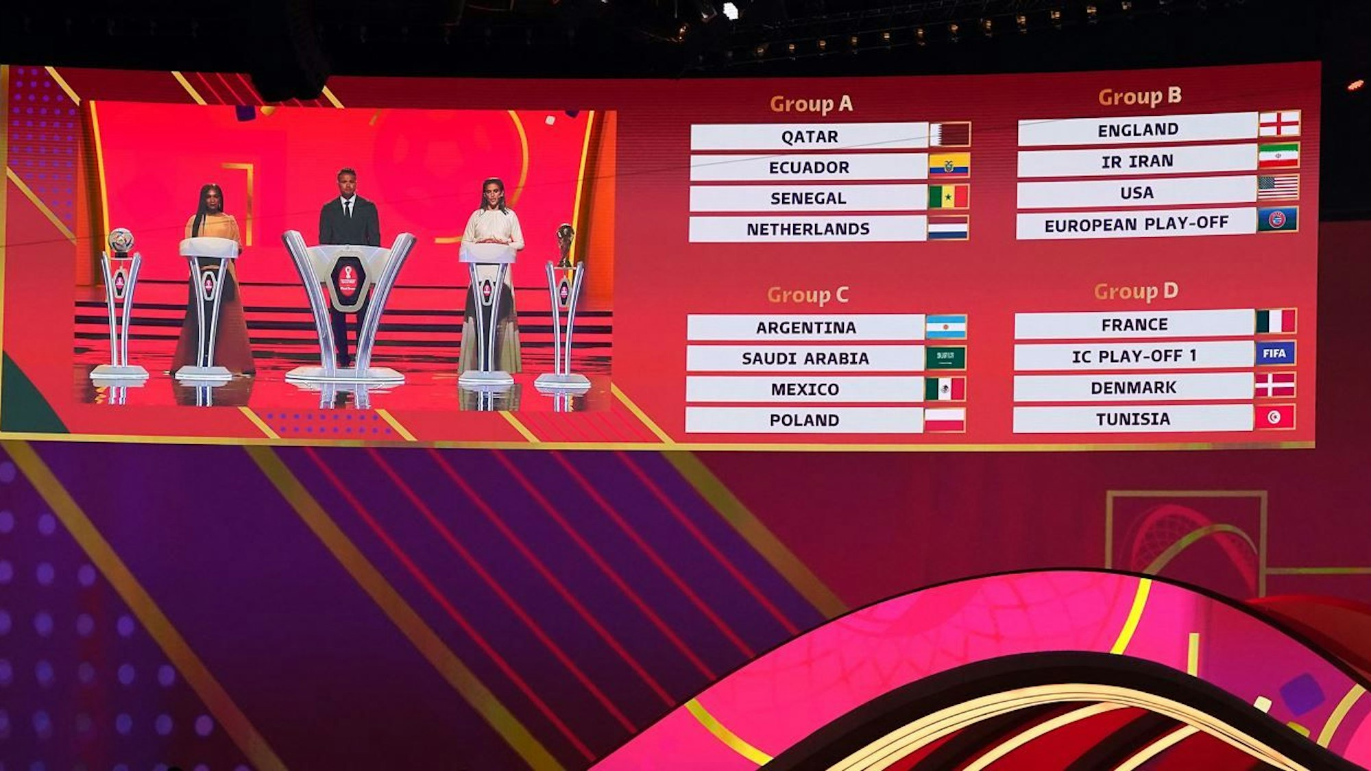 WM-Auslosung der Vorrunde in Doha. Die Auslosungsleiter Sam Johnson, Jermaine Jenas und Carli Lloyd sind auf einer Anzeige neben den Gruppen A,B,C und D zu sehen.
