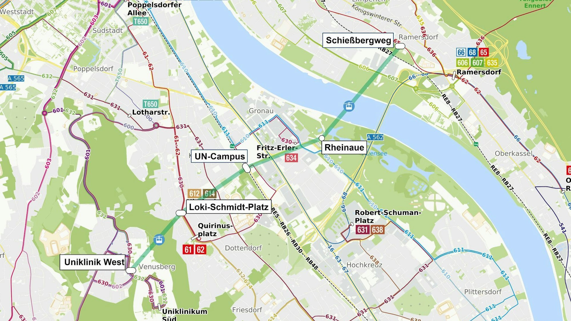 Eine Karte zeigt die geplante Trasse für das Seilbahnprojekt in Bonn.
