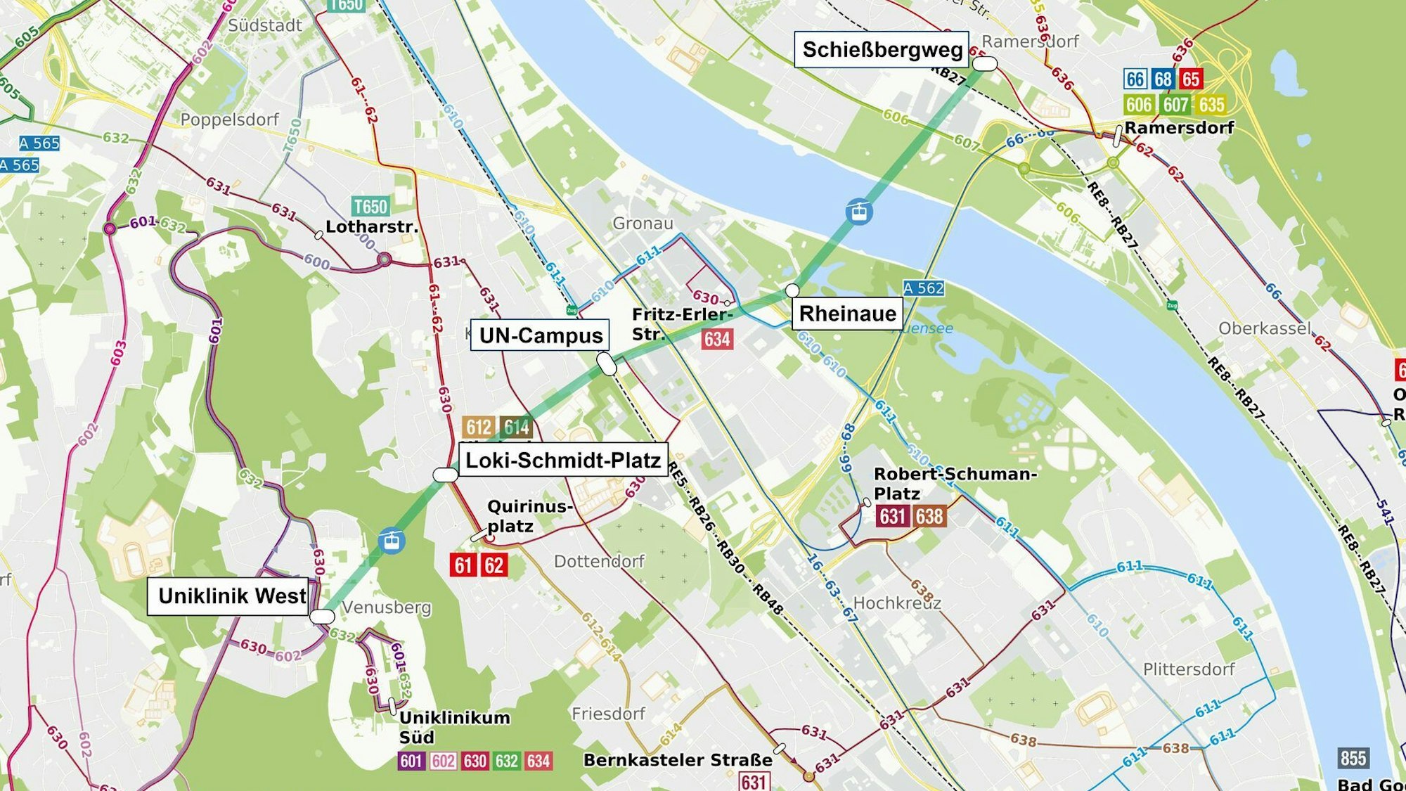 Die geplante Trasse für das Seilbahnprojekt in Bonn mit den fünf Stationen.