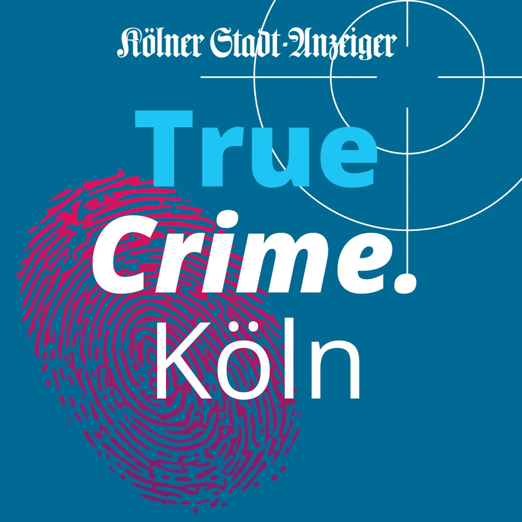 Das Logo des Podcasts „True Crime Köln“: Ein magentafarbener Fingerabdruck auf blauem Grund, daneben ein Zielkreuz.