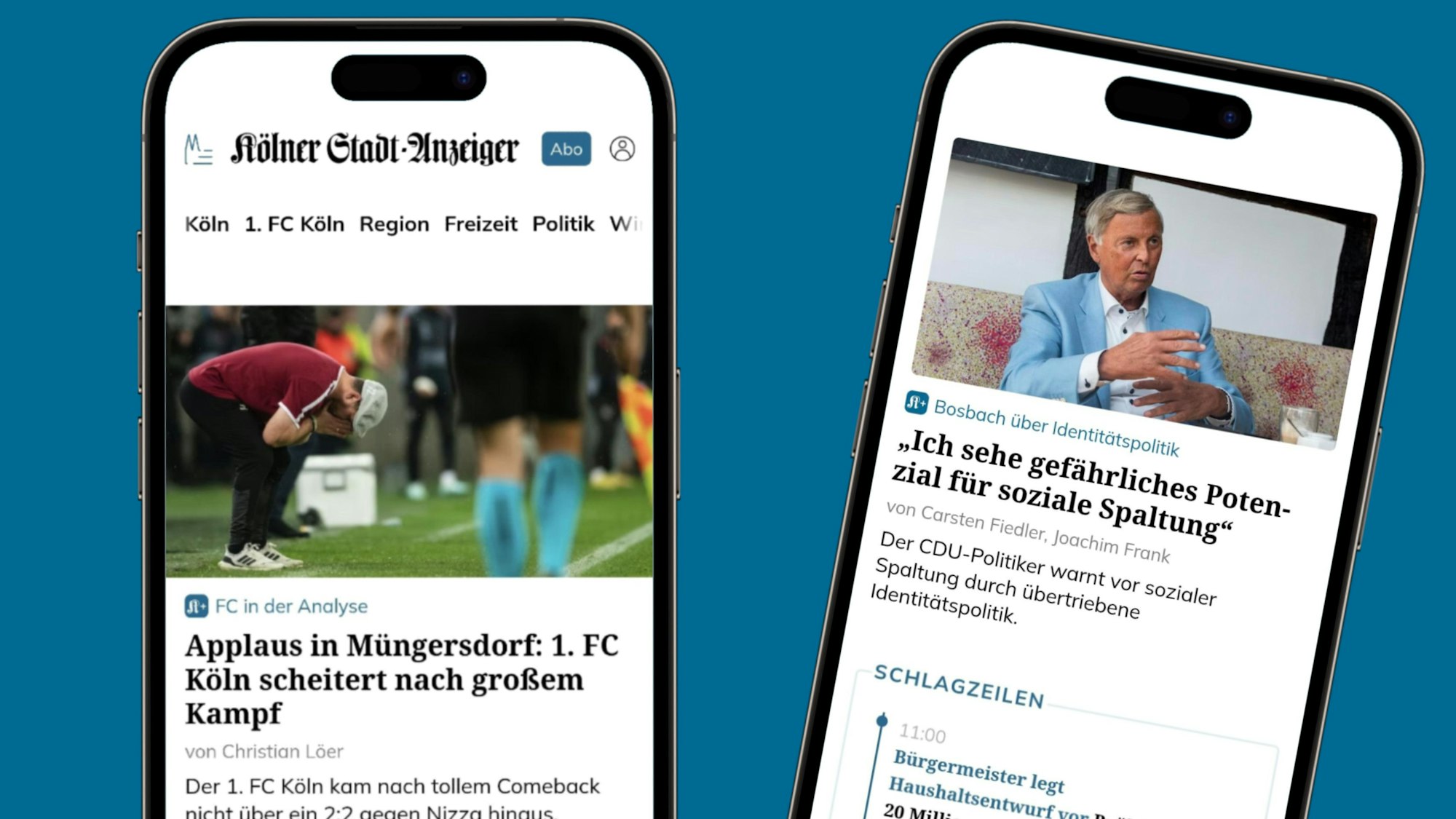 Auf zwei Handys sind Auszüge der Webseite ksta.de zu sehen. FC-Trainer Steffen Baumgart steht auf dem Bild zu einem Text gebeugt und schlägt die Hände vors Gesicht.