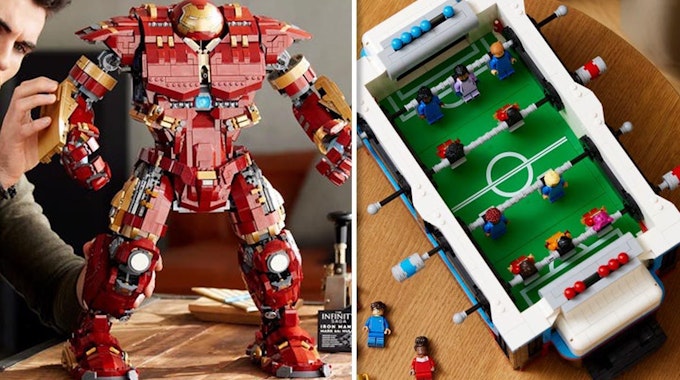 Lego Marvel Hulkbuster beim Zusammenbauen und Lego Ideas Tischkicker steht auf einem Tisch. Lego Neuheiten vom November 2022.